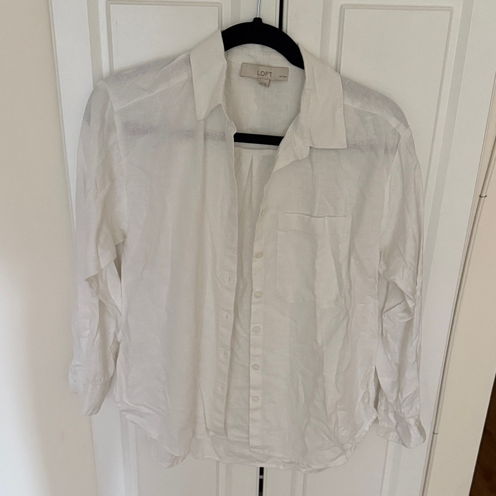 ☀️LOFT Linen White Blouse with Collar - Picture 2 of 6